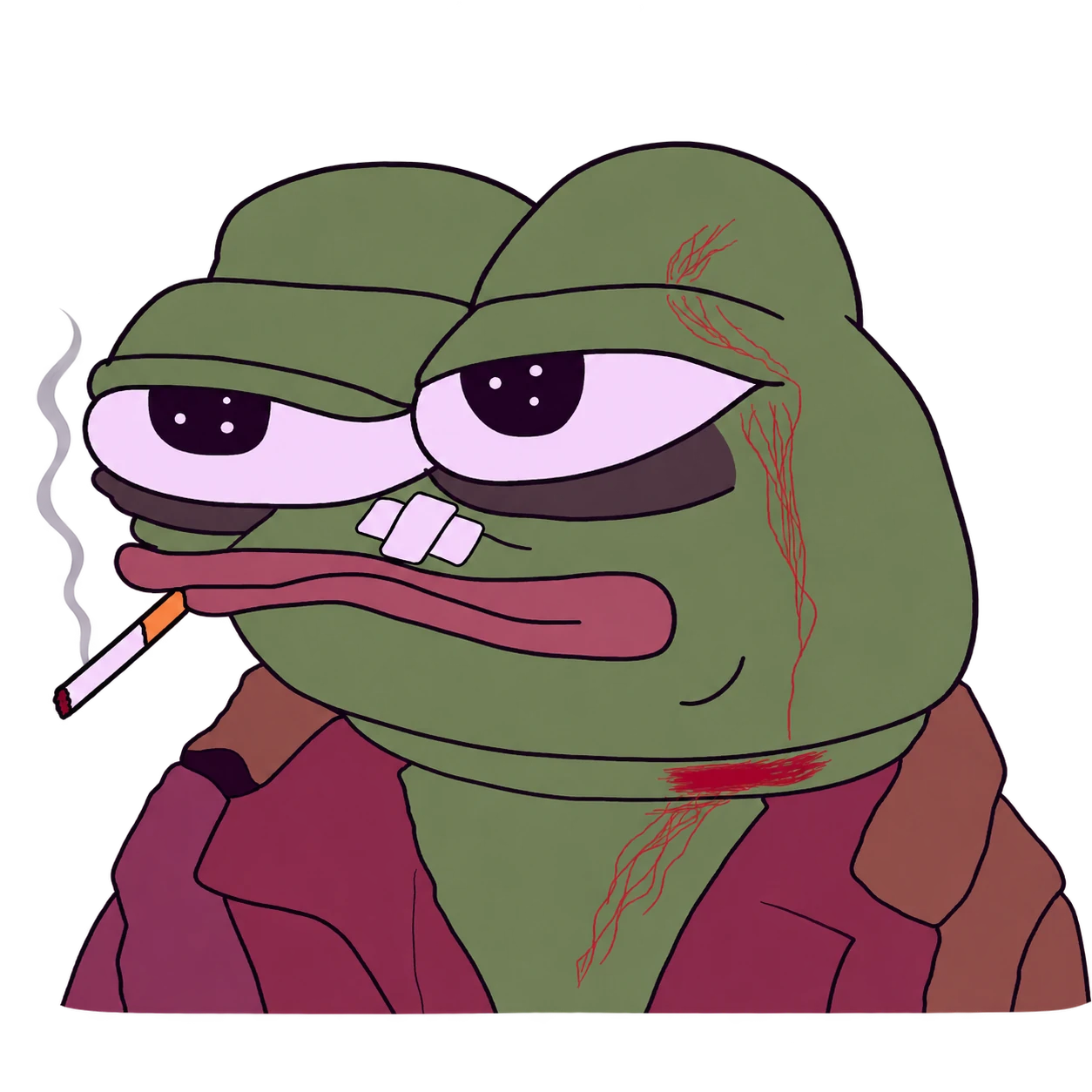 Exhausted olive frog with a bandaged nose and a battered jacket