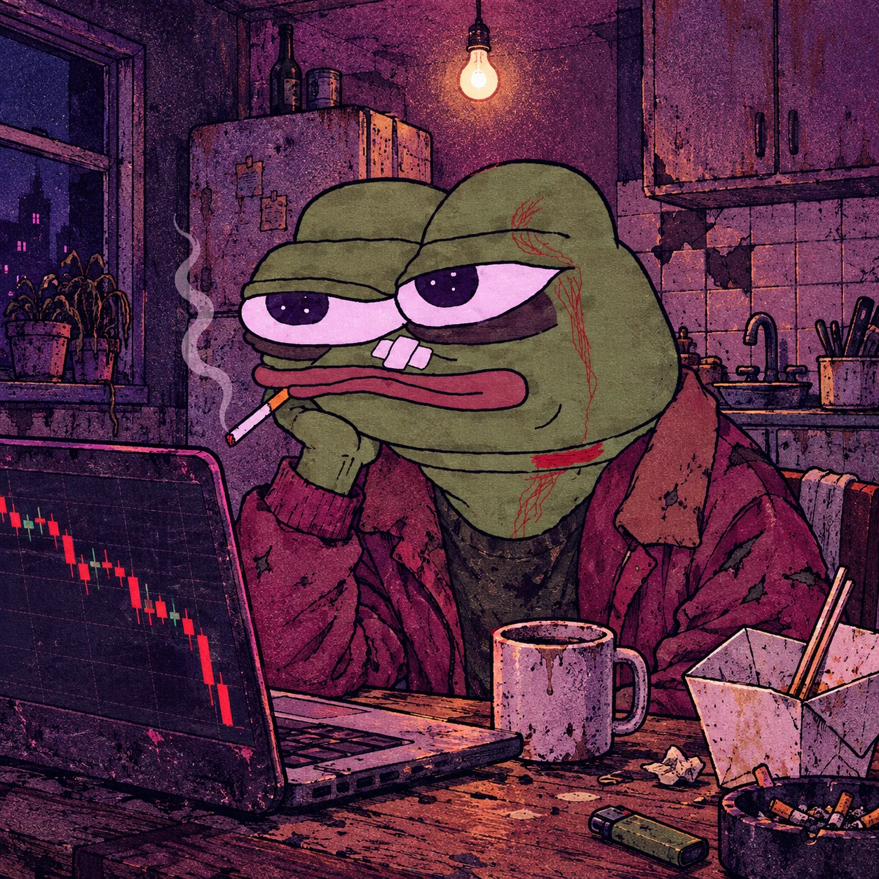Pepe Down Bad in a tiny apartment kitchen staring at a laptop