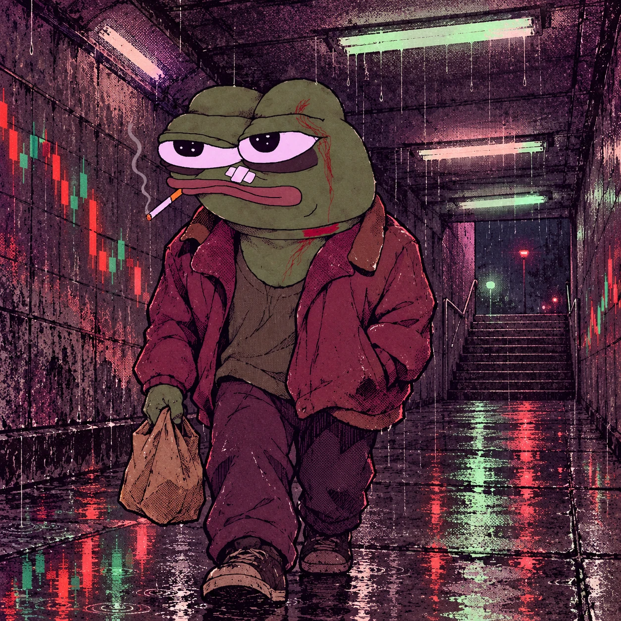 Pepe walking through an empty underground pedestrian tunnel